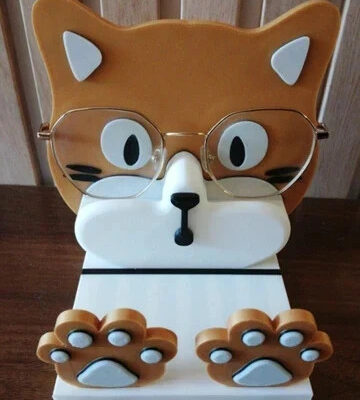 Porte-lunettes et téléphone motif chat élégant – support décoratif 2-en-1 noir doré blanc, création Figura3D
