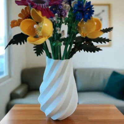 Vase blanc effet vague – support 3D pour fleurs de briques ou Lego, création Figura3D